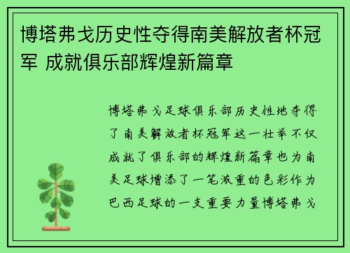 博塔弗戈历史性夺得南美解放者杯冠军 成就俱乐部辉煌新篇章